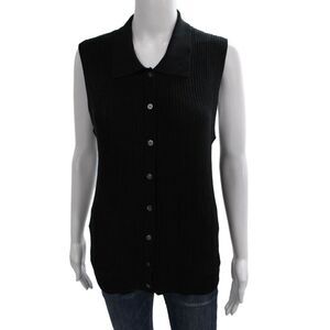 CO Women Cardigan Collared Button Silk Sleeveless Black Fall Size S